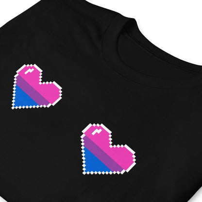 Black shirt with pixelated bi pride heart designs on a white background