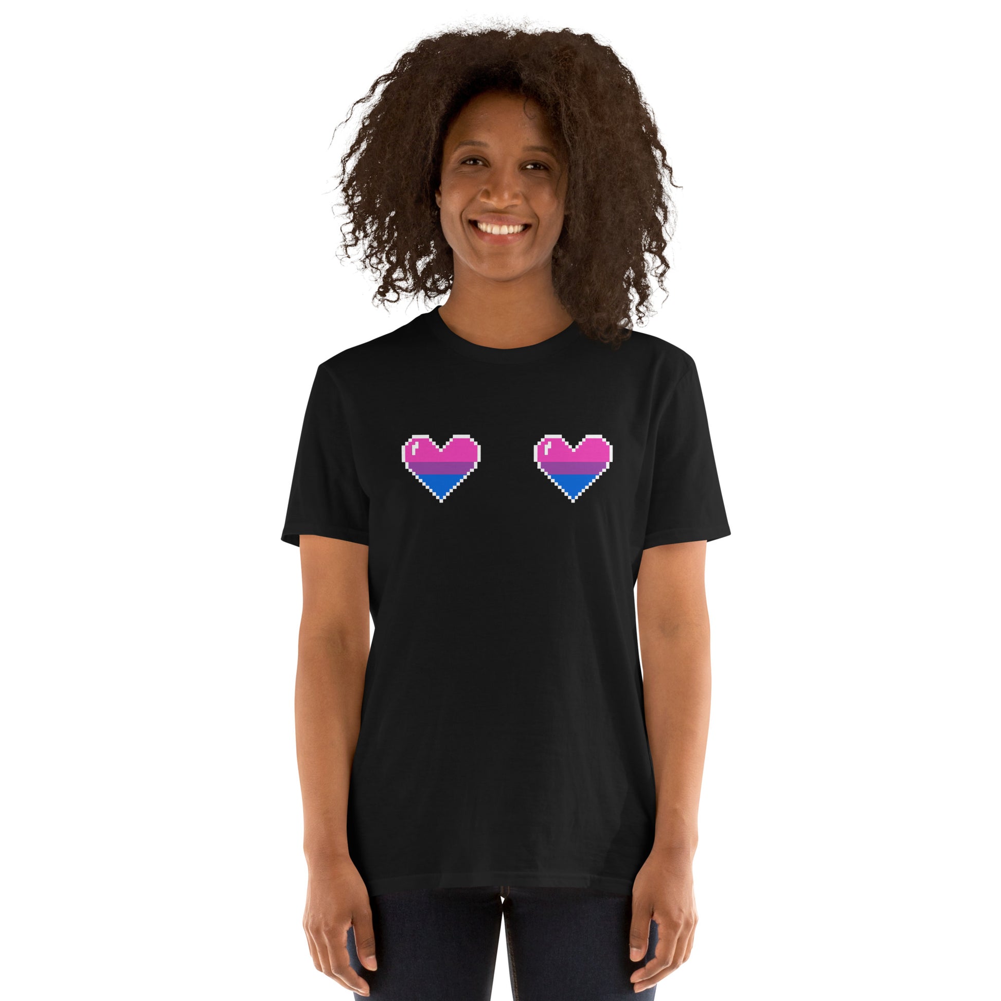 Person wearing a black t-shirt with bisexual pixelated hearts on a white background