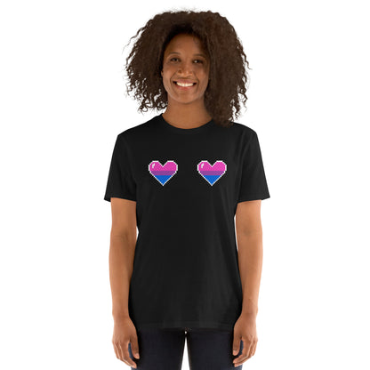 Person wearing a black t-shirt with bisexual pixelated hearts on a white background