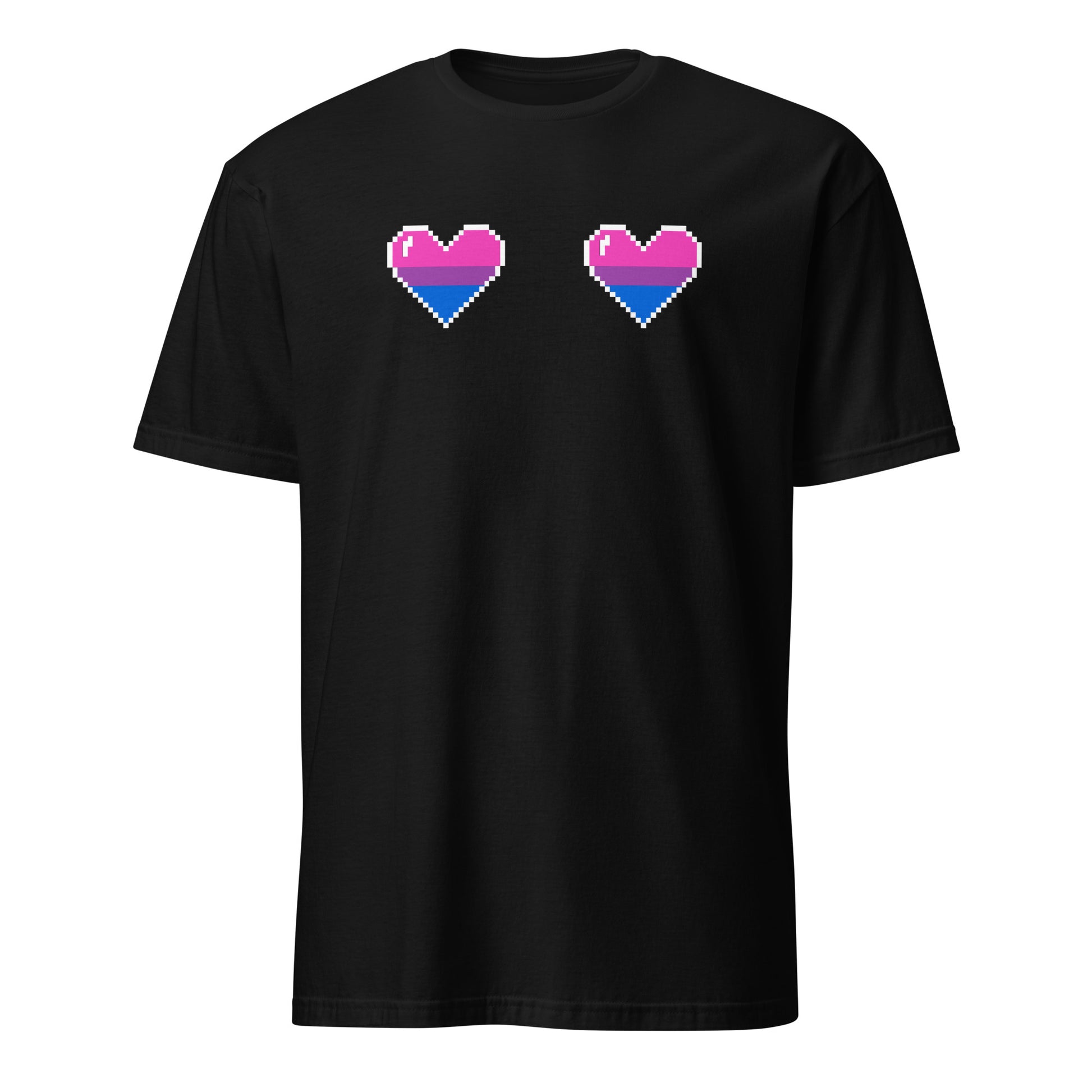 Black t-shirt with pixelated bi pride hearts on a white background