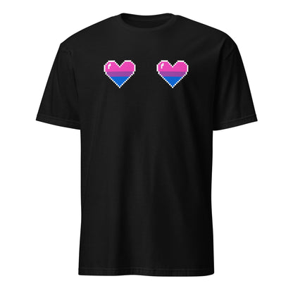 Black t-shirt with pixelated bi pride hearts on a white background