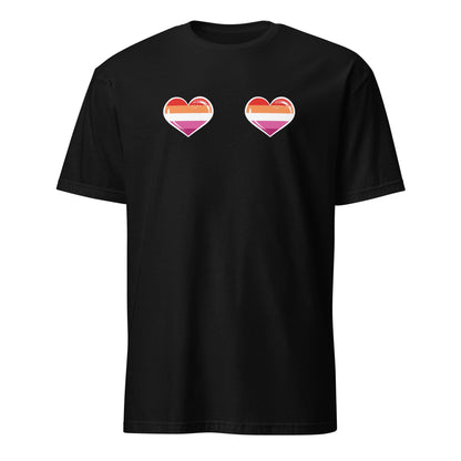 Black WLW t-shirt with lesbian sunset heart design on a white background