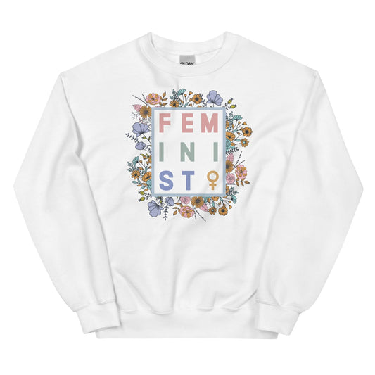 White sweatshirt with 'FEMINIST' text and floral design on a white background