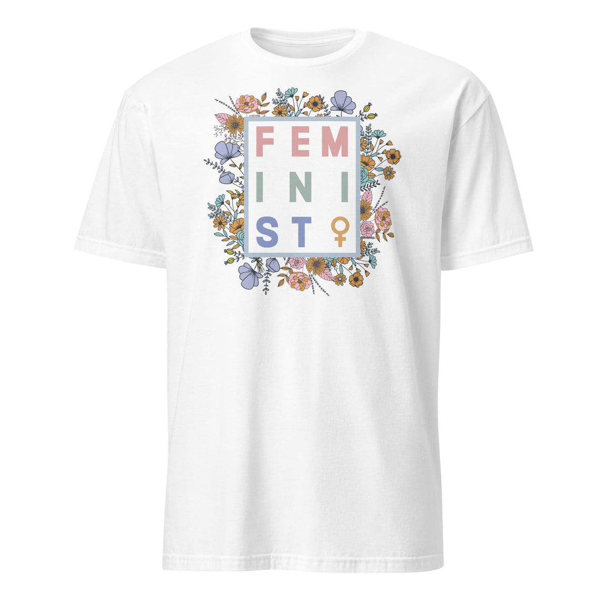 White t-shirt with floral 'FEMINIST' graphic design on a white background