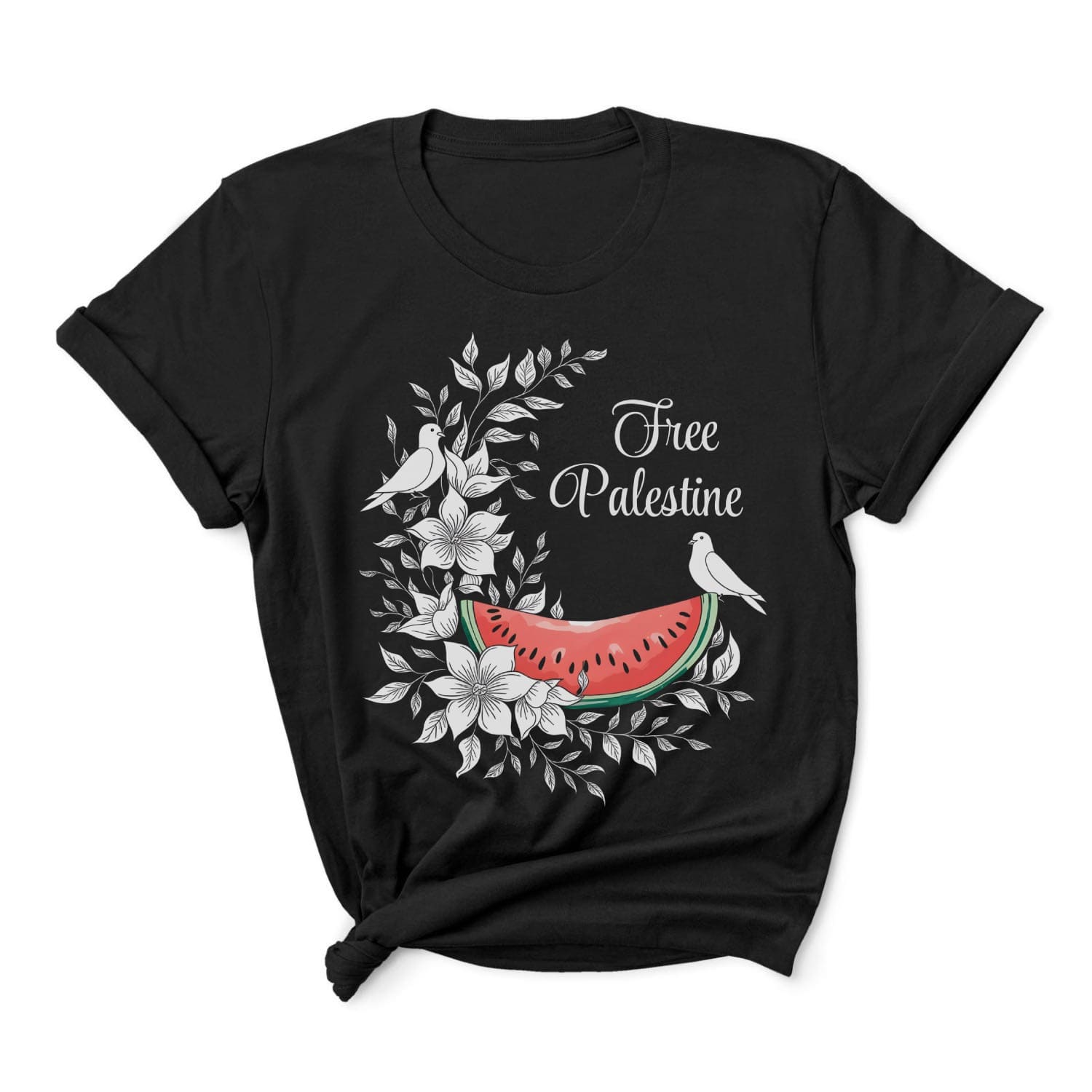 Black t-shirt with 'Free Palestine' design featuring a watermelon and birds on a white background