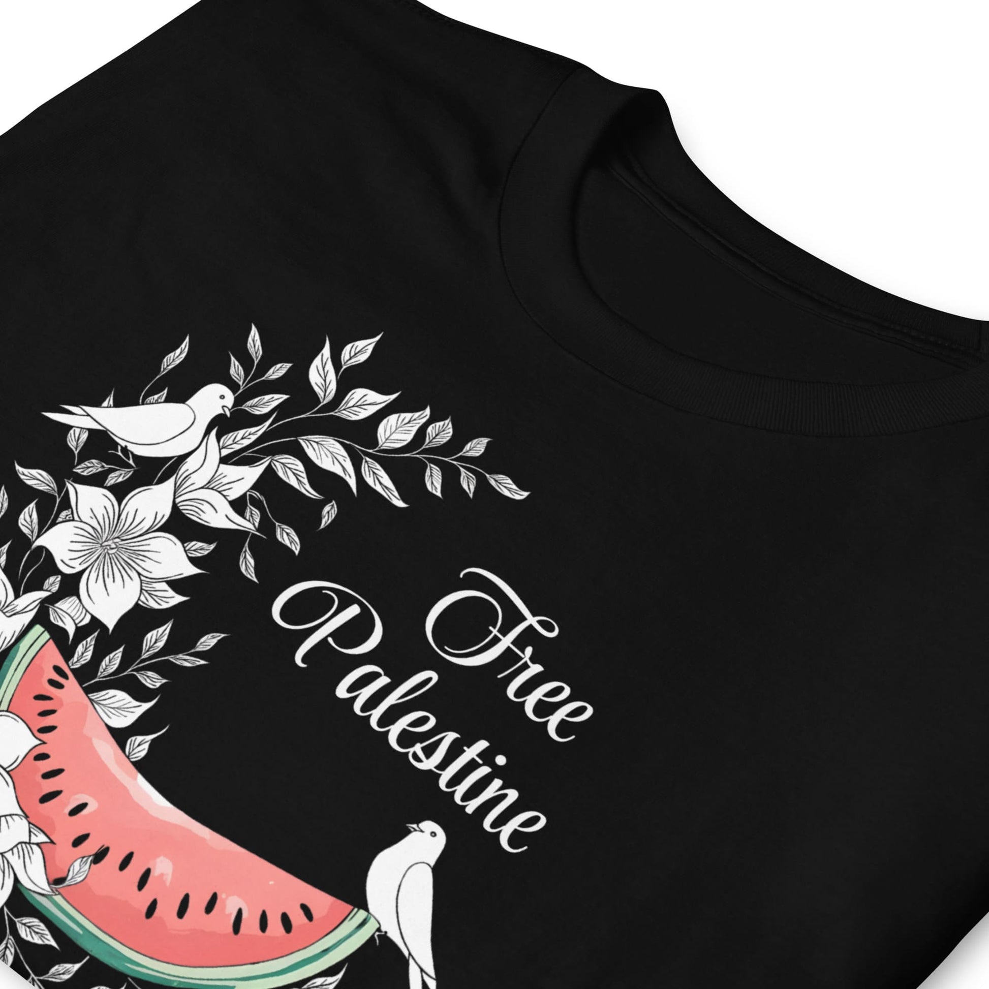 Black t-shirt with 'Free Palestine' text, dove, watermelon, and floral design.