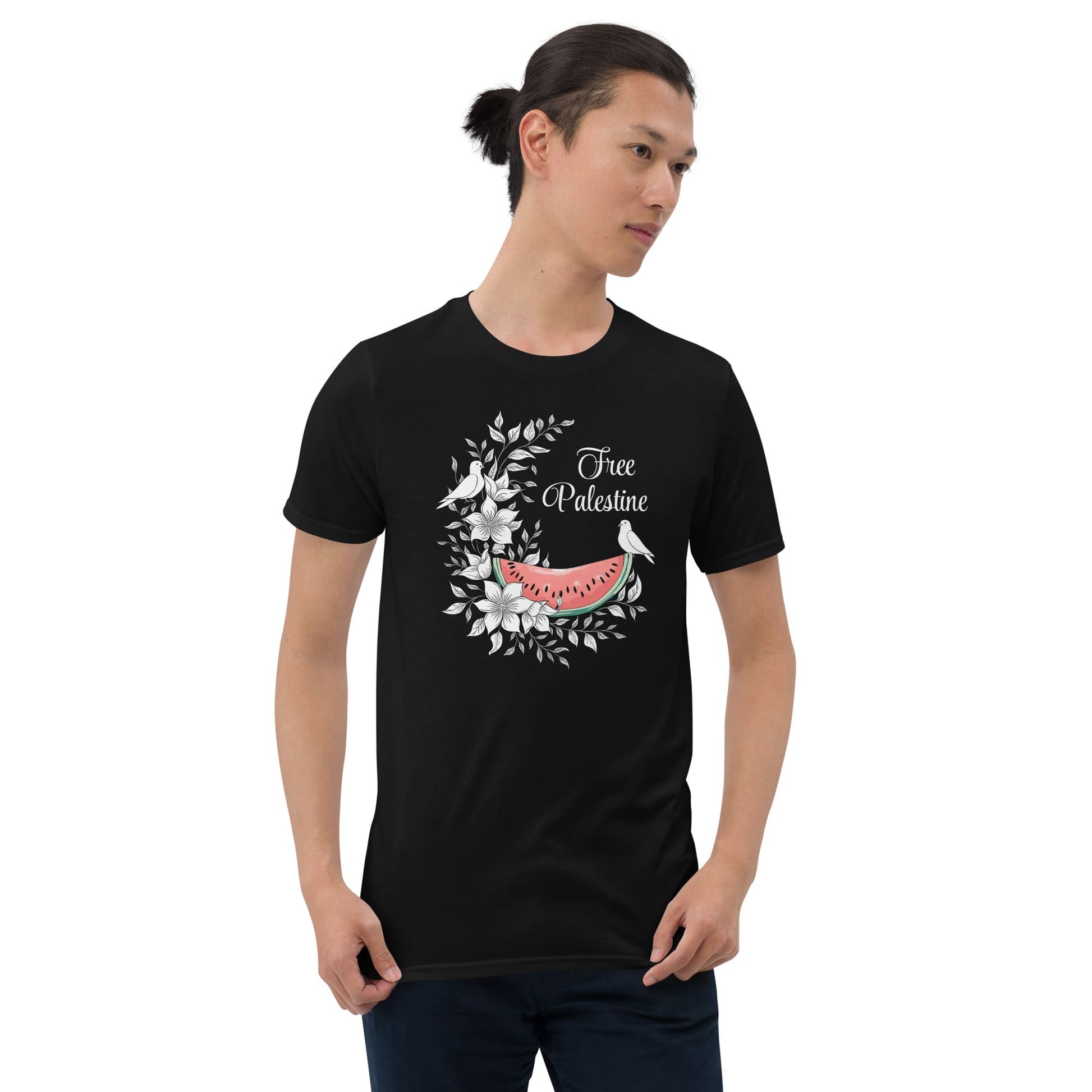 Person wearing a black t-shirt with a free Palestine design and text on a white background
