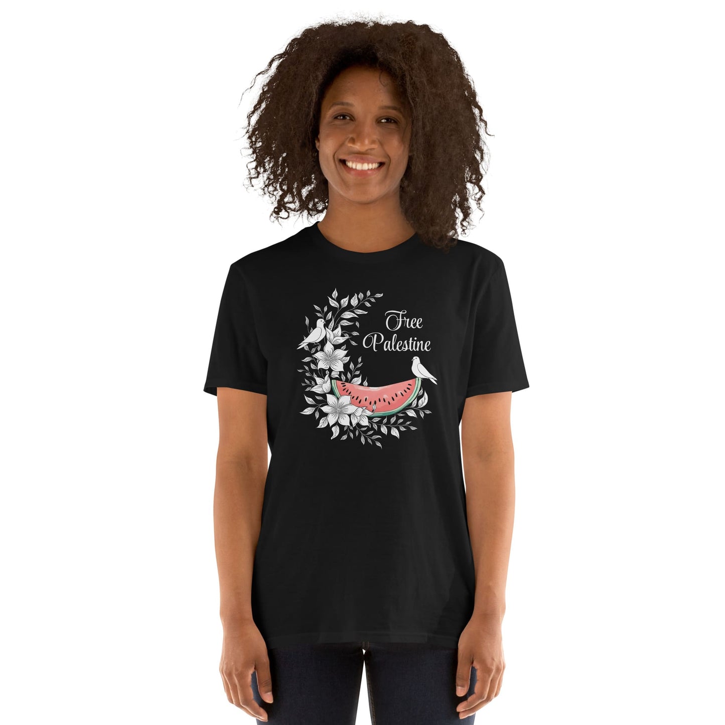 Person wearing a black t-shirt with a free palestine graphic design and text on a white background