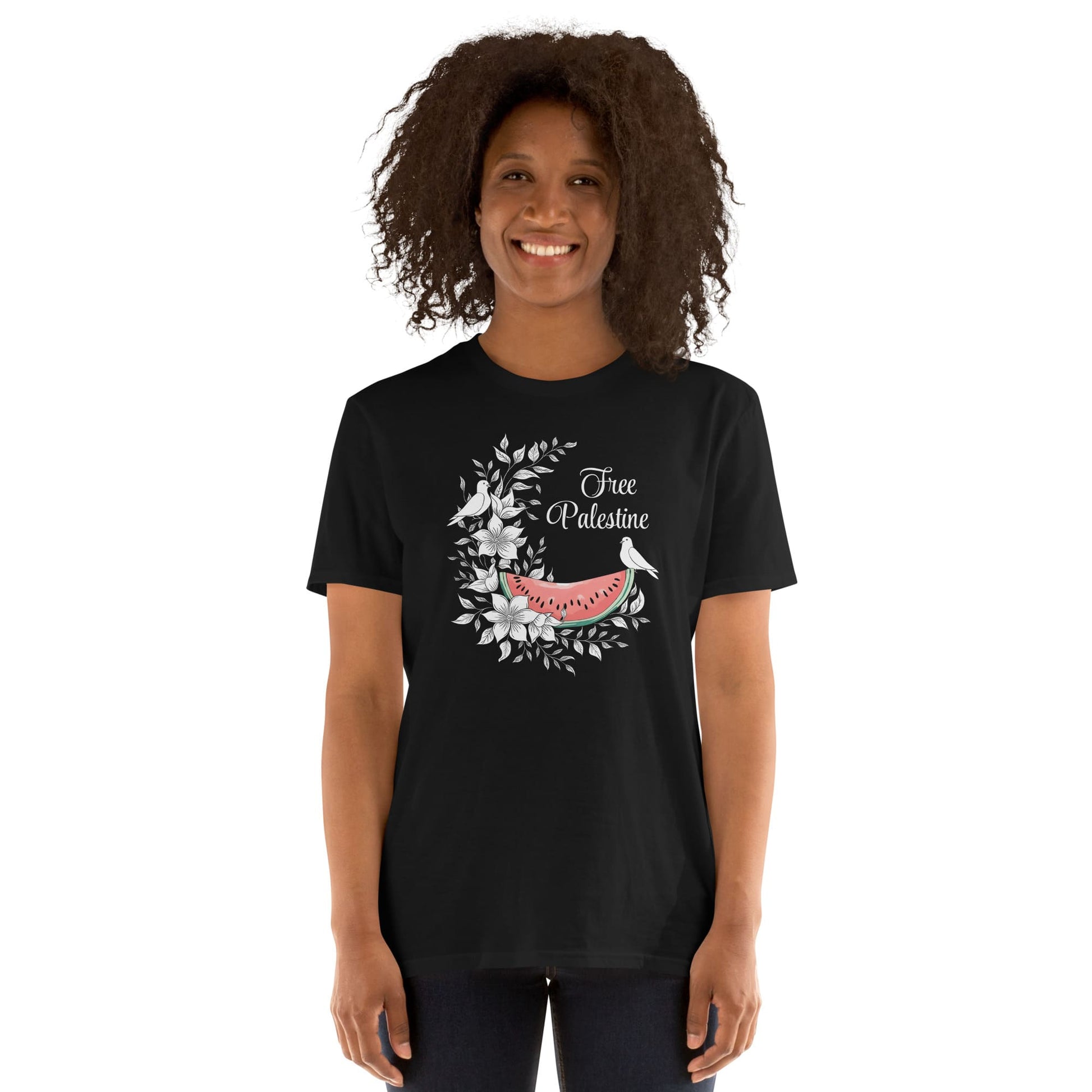 Person wearing a black t-shirt with a free palestine graphic design and text on a white background