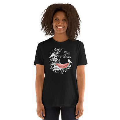 Person wearing a black t-shirt with a free palestine graphic design and text on a white background
