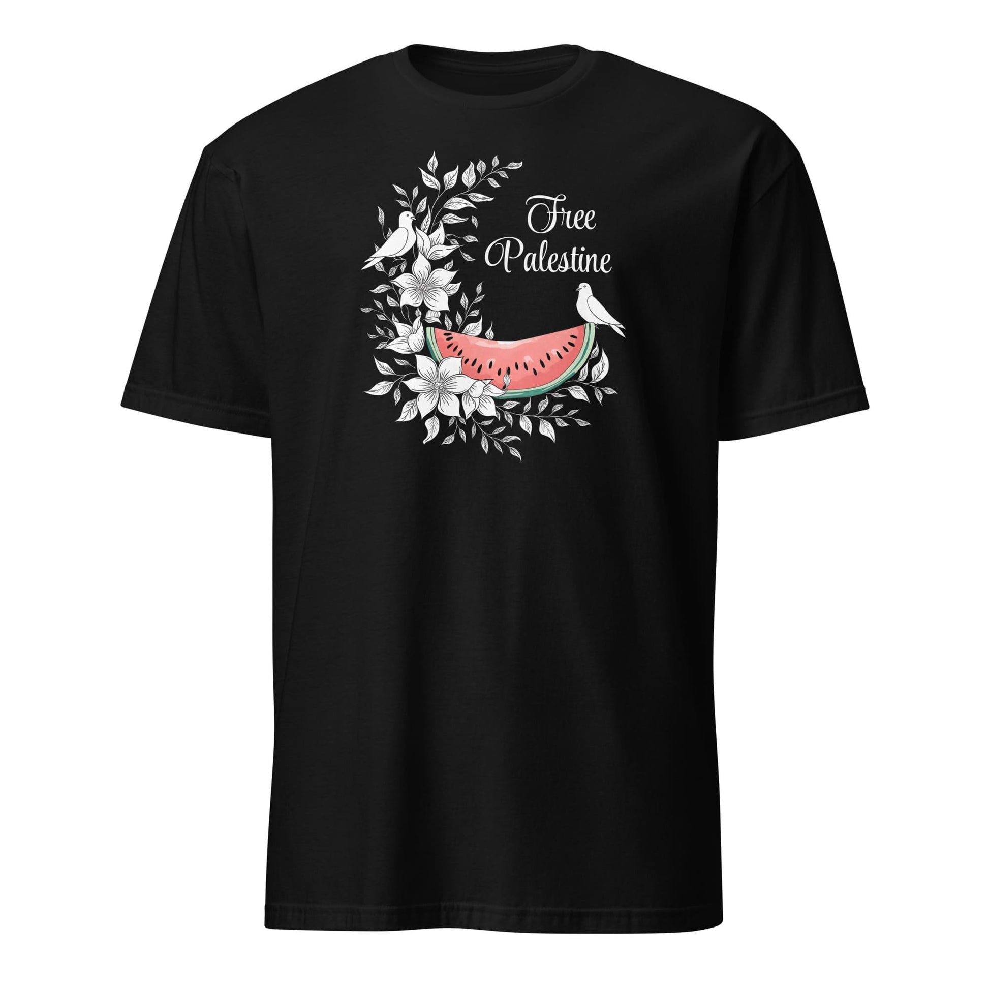 Black t-shirt with a graphic free palestine design of a watermelon, flowers, and text on a white background
