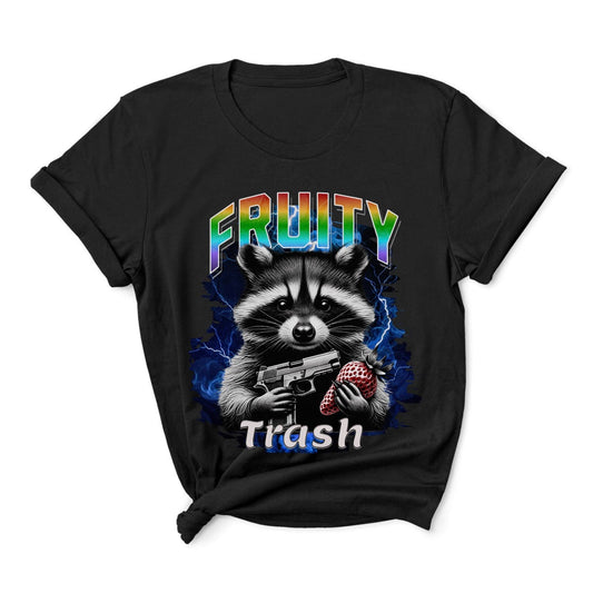 Black queer bootleg t-shirt with a raccoon graphic and 'Fruity Trash' text on a white background