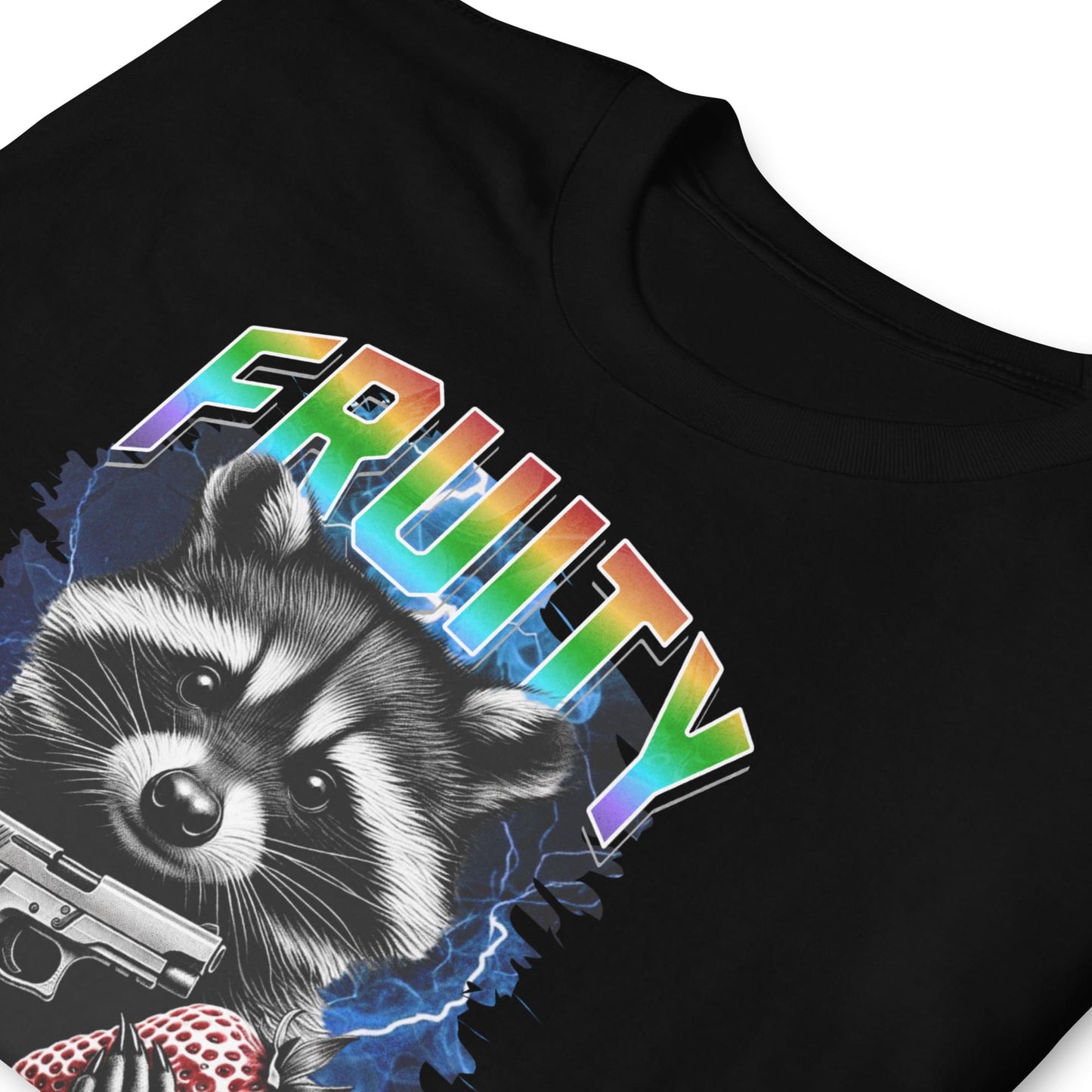 Black gay bootleg t-shirt with a raccoon graphic and 'FRUITY trash' text on a white background