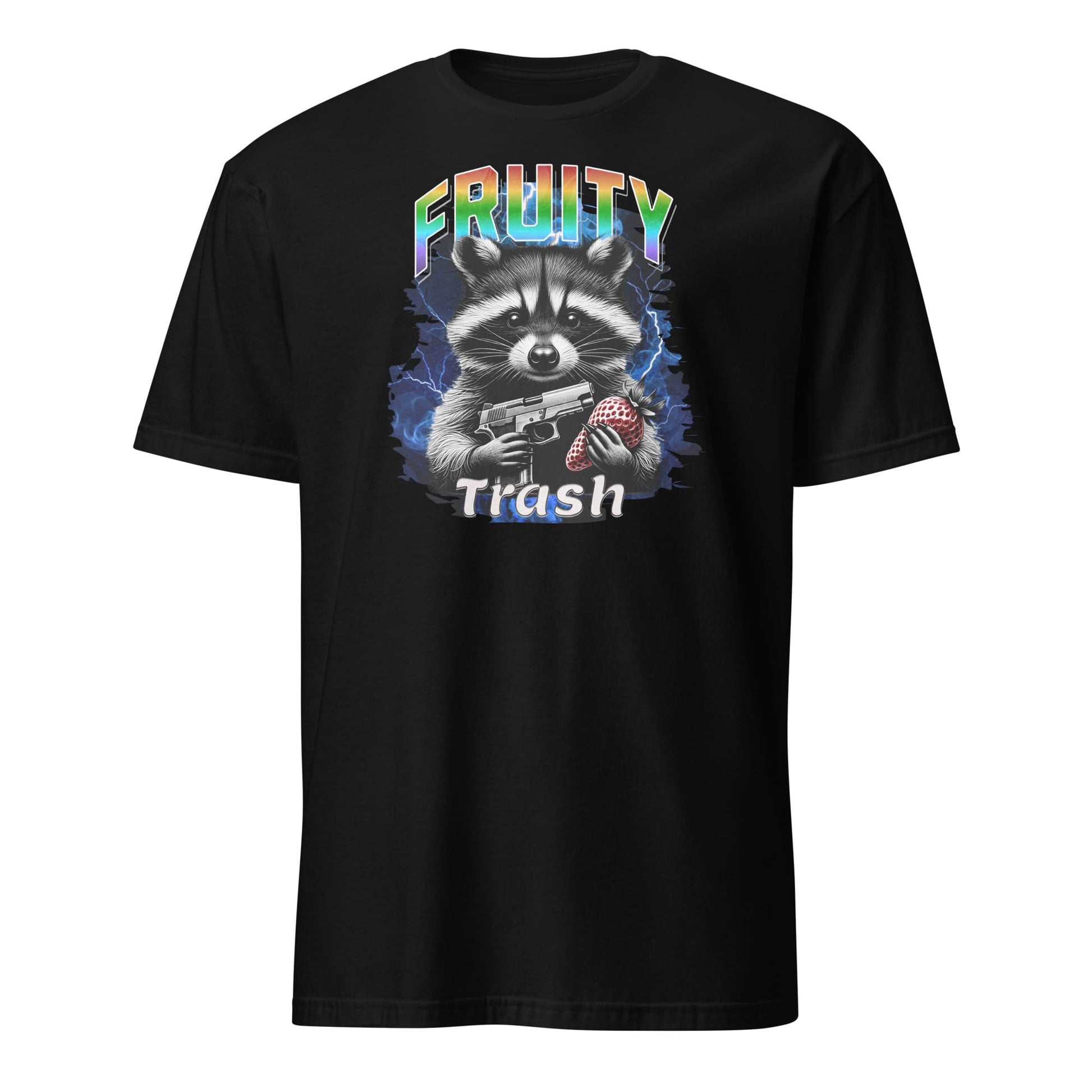 Black y2k bootleg t-shirt with a queer raccoon graphic and 'Fruity Trash' text on a white background