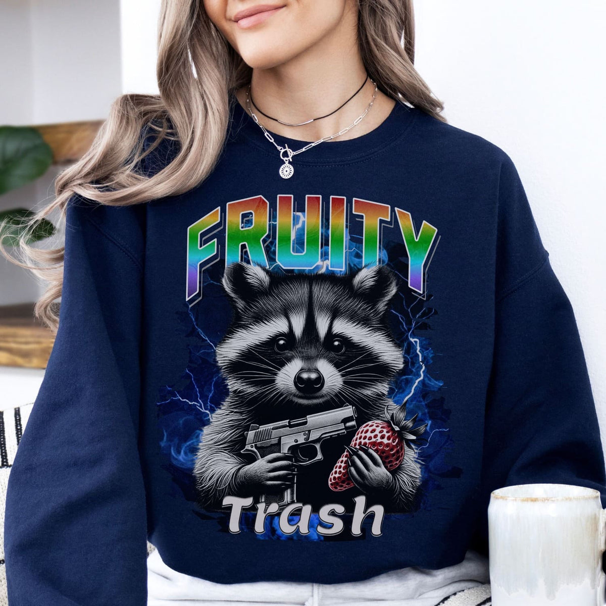 woman wearing fruity lgbtq raccoon sweatshirt