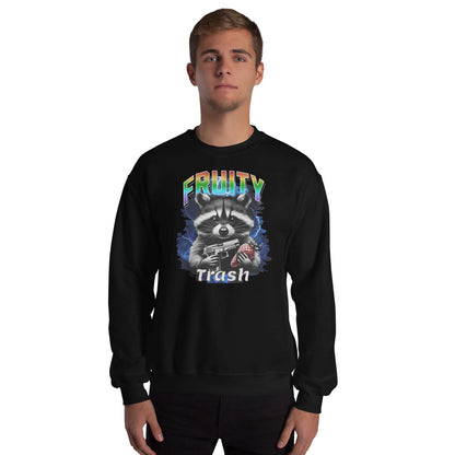 man wearing fruity lgbtq raccoon sweatshirt
