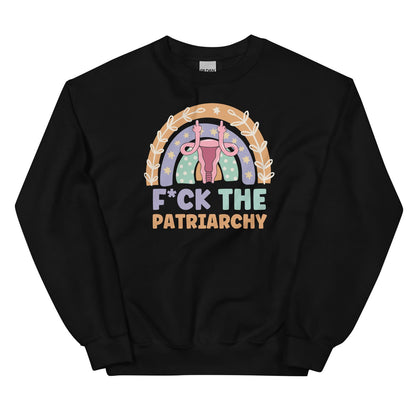 Black feminist sweatshirt with colorful graphic and text 'F*CK THE PATRIARCHY' on a white background