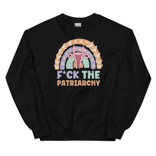 Black feminist sweatshirt with colorful graphic and text 'F*CK THE PATRIARCHY' on a white background