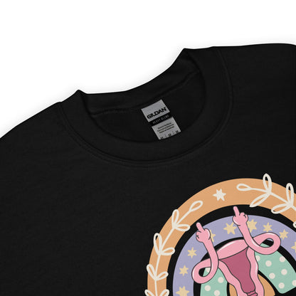 Black t-shirt with a feminist graphic design on a white background