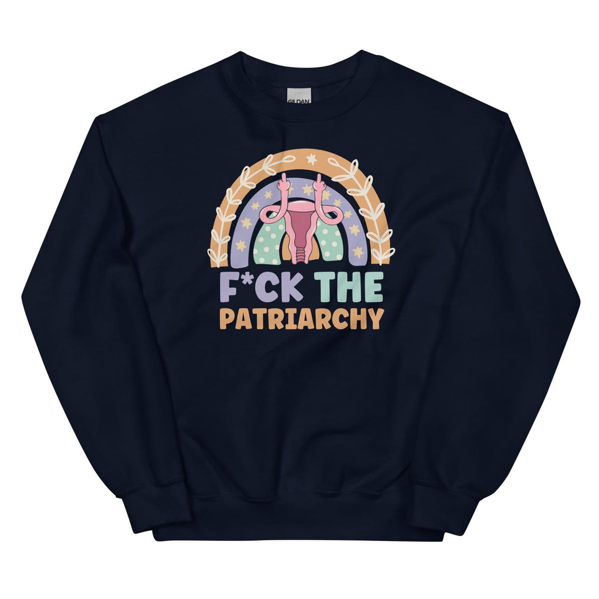 Navy  feminist sweatshirt with rainbow design and text on a white background
