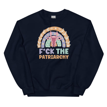 Navy  feminist sweatshirt with rainbow design and text on a white background