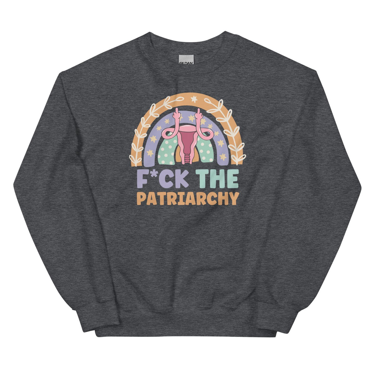 Dark gray feminist sweatshirt with a colorful graphic and text on a white background