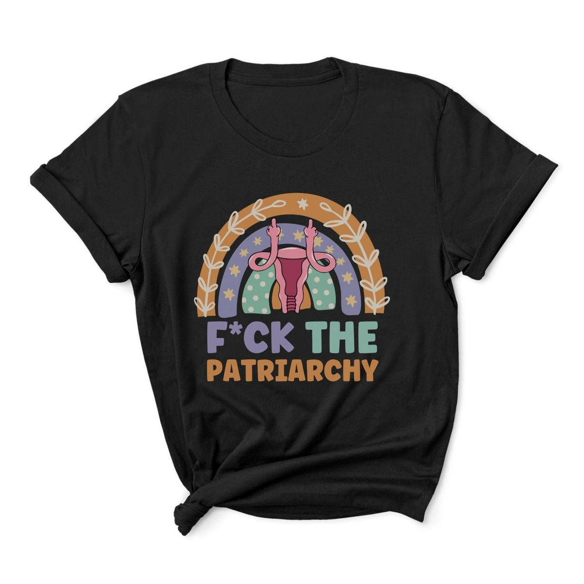 Black t-shirt with feminist design and text on a white background