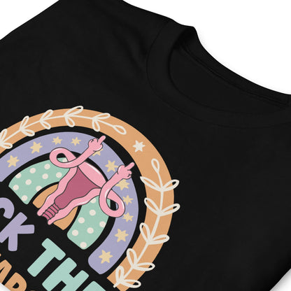 Black t-shirt with feminist graphic design featuring a uterus  and rainbow.