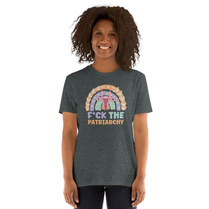 Person wearing a t-shirt with a feminist design and text on a white background