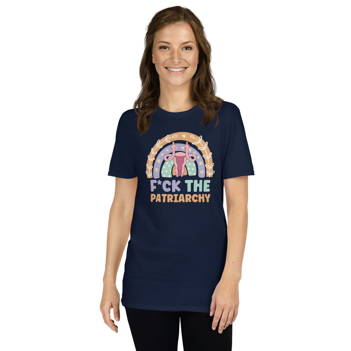 Woman wearing a navy blue t-shirt with a uterus graphic and feminist text on a white background