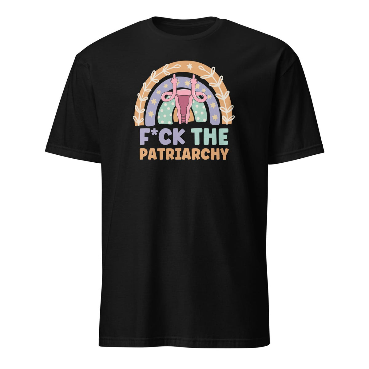 Black t-shirt with feminist design and text on a white background