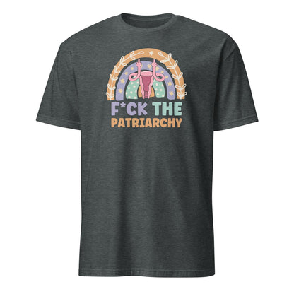 Dark gray t-shirt with a feminist graphic and 'F*ck the Patriarchy' text on a white background