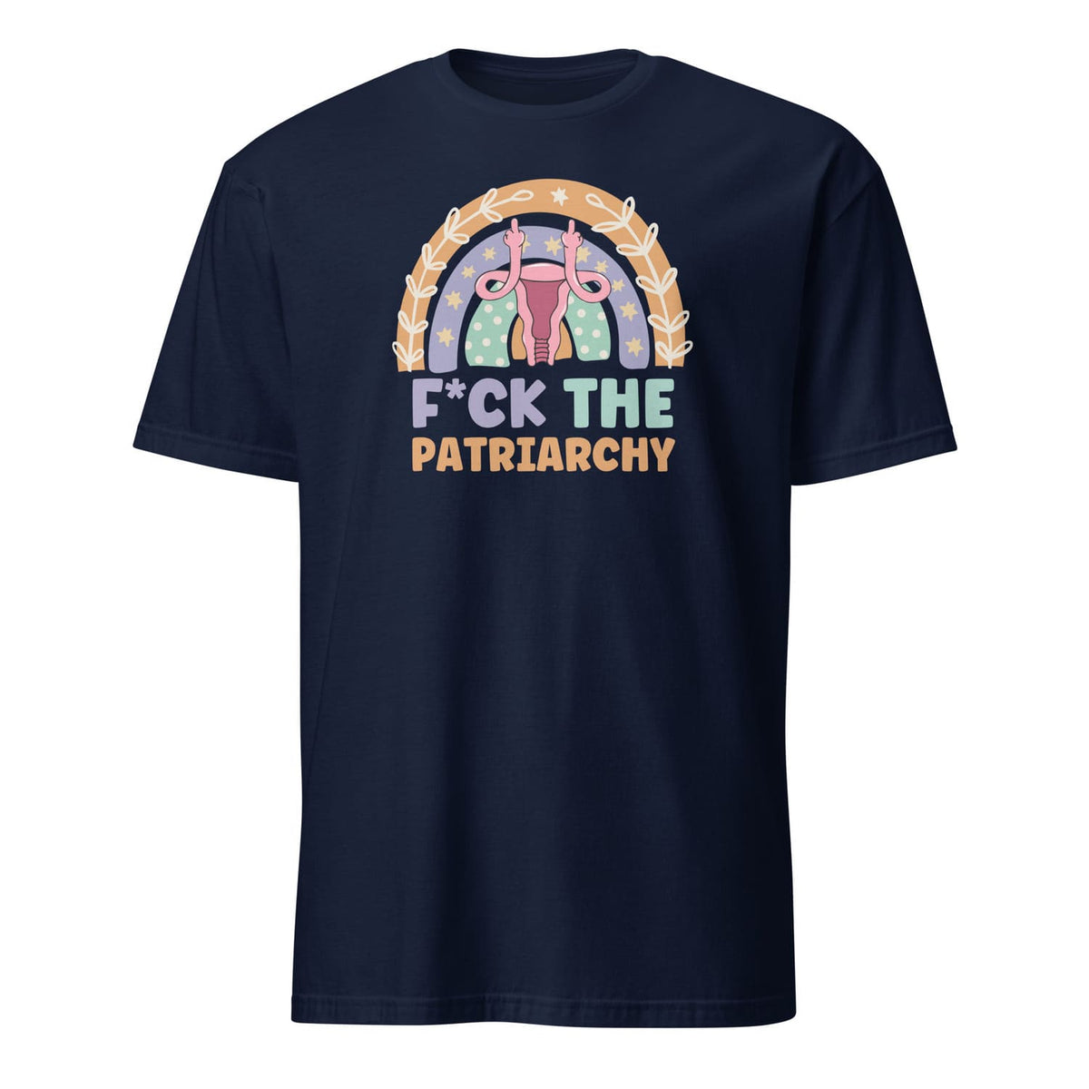 Navy blue t-shirt with feminist design and text on a white background