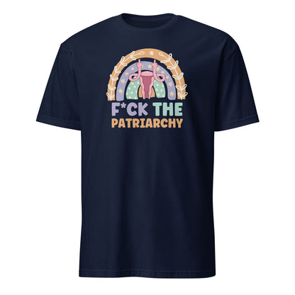 Navy blue t-shirt with feminist design and text on a white background