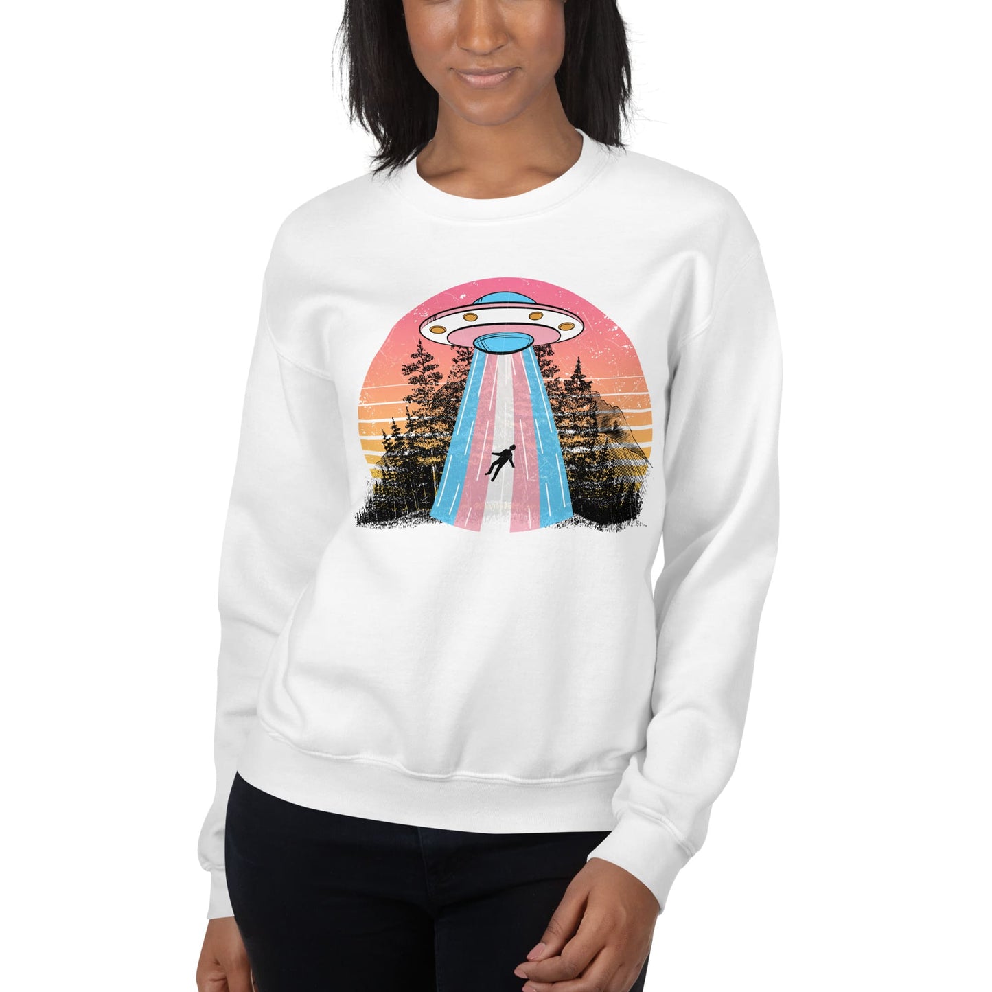 transgender sweatshirt, UFO abduction by aliens, female model