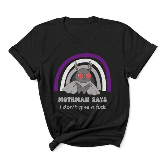 Black t-shirt with Mothman graphic and text on a white background: Asexual Mothman Shirt, Funny Ace Pride Cryptid Tee, Folklore Mythology T-Shirt, Queer Cryptozoology Gift, Cryptidcore Weird Stuff, LGBTQ
