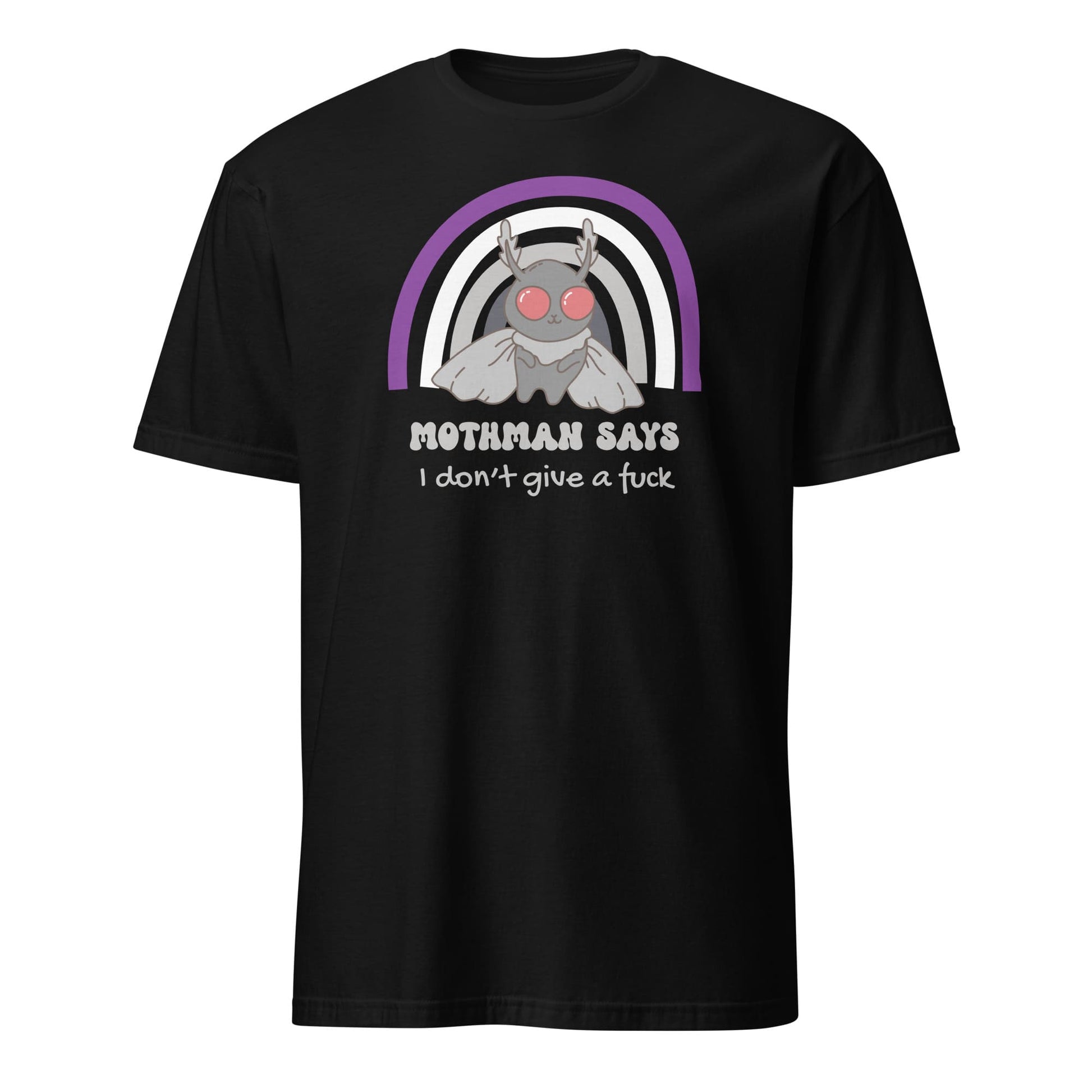 Black t-shirt with a graphic of Mothman and ace rainbow, featuring text on a white background: Asexual Mothman Shirt, Funny Ace Pride Cryptid Tee, Folklore Mythology T-Shirt, Queer Cryptozoology Gift, Cryptidcore Weird Stuff, LGBTQ