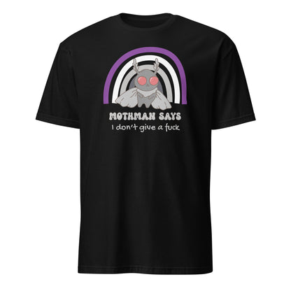 Black t-shirt with a graphic of Mothman and ace rainbow, featuring text on a white background: Asexual Mothman Shirt, Funny Ace Pride Cryptid Tee, Folklore Mythology T-Shirt, Queer Cryptozoology Gift, Cryptidcore Weird Stuff, LGBTQ