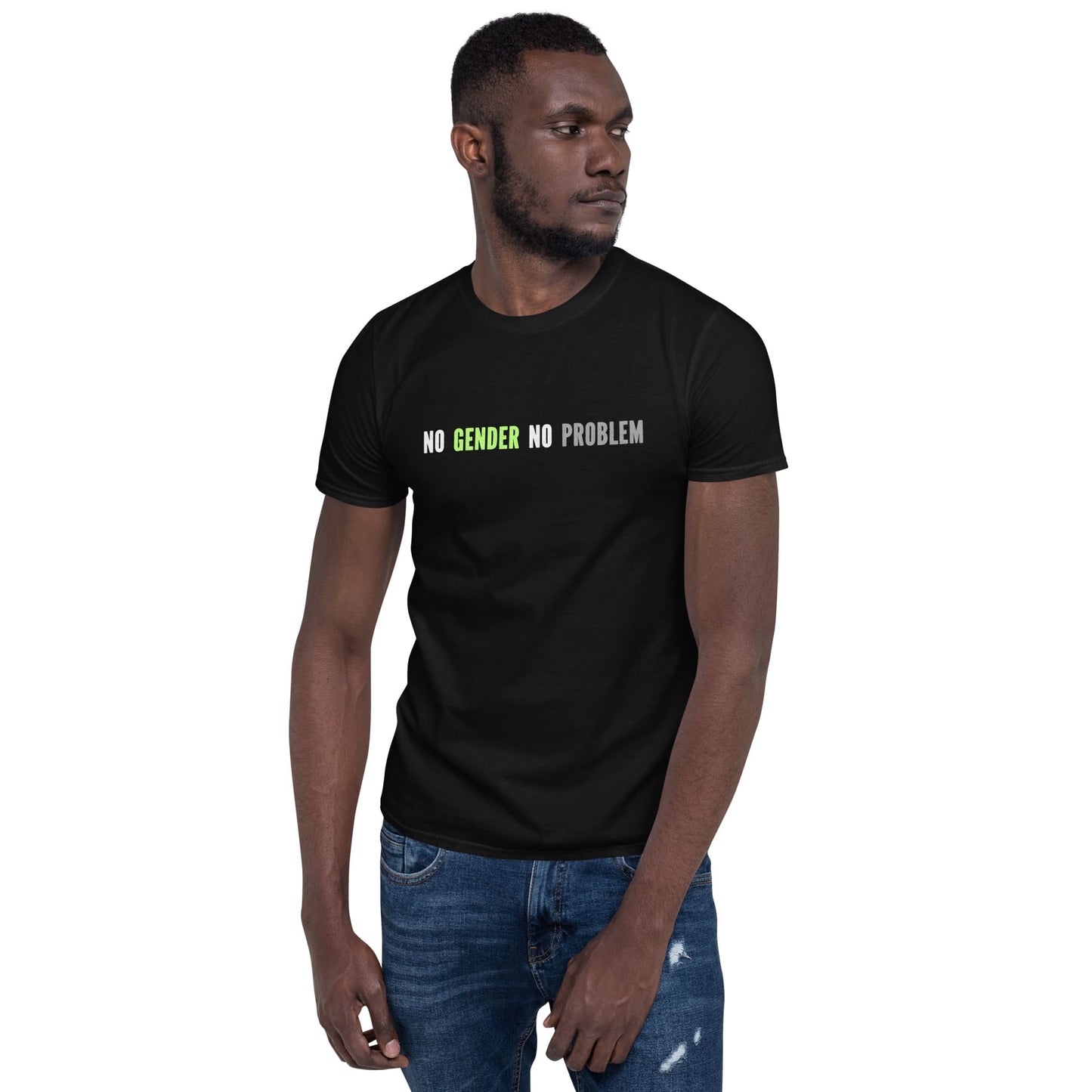 agender shirt, sarcastic funny genderless quote, black model