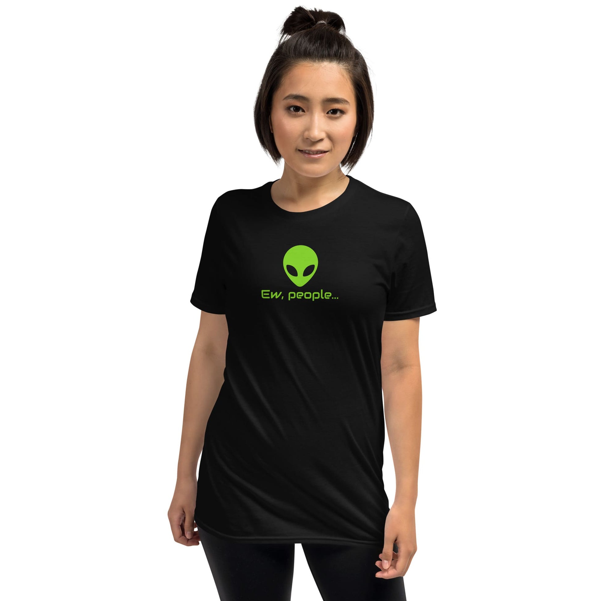 Person wearing a black t-shirt with a green alien graphic and text on a white background: Funny Alien Shirt, Ew People Introvert Tee, Anxiety Shirt, Antisocial Sci-Fi Fans T-Shirt, Awkward Homebody, I hate People