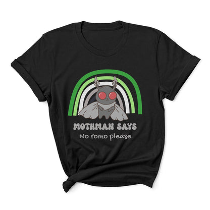 Black t-shirt with a graphic of Mothman and a rainbow, text 'Mothman says no romo please' on a white background: Aromantic Mothman Shirt, Funny Aro Pride Cryptid Tee, Folklore Mythology T-Shirt, Queer Cryptozoology Gift, Cryptidcore Weird Stuff, LGBTQ