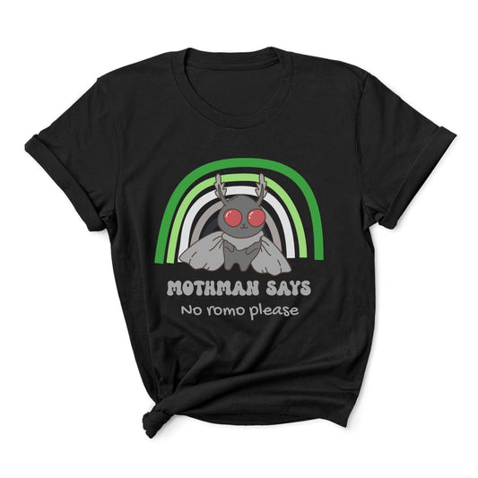Black t-shirt with a graphic of Mothman and a rainbow, text 'Mothman says no romo please' on a white background: Aromantic Mothman Shirt, Funny Aro Pride Cryptid Tee, Folklore Mythology T-Shirt, Queer Cryptozoology Gift, Cryptidcore Weird Stuff, LGBTQ