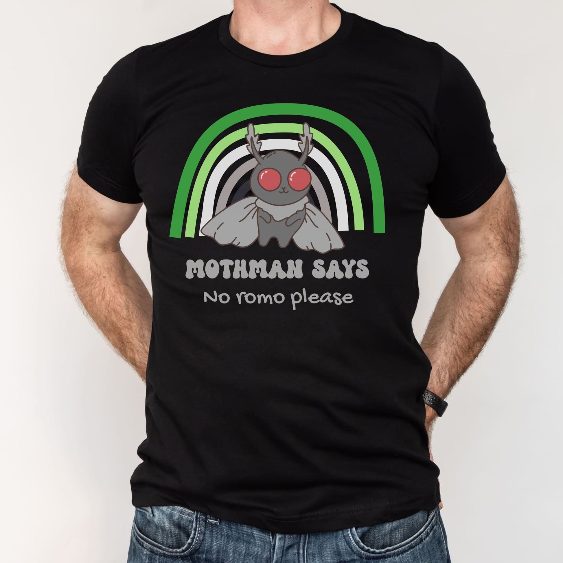 Black t-shirt with Mothman graphic and text on a plain background: Aromantic Mothman Shirt, Funny Aro Pride Cryptid Tee, Folklore Mythology T-Shirt, Queer Cryptozoology Gift, Cryptidcore Weird Stuff, LGBTQ