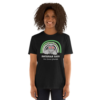 Person wearing a black t-shirt with a graphic design and text on a white background: Aromantic Mothman Shirt, Funny Aro Pride Cryptid Tee, Folklore Mythology T-Shirt, Queer Cryptozoology Gift, Cryptidcore Weird Stuff, LGBTQ