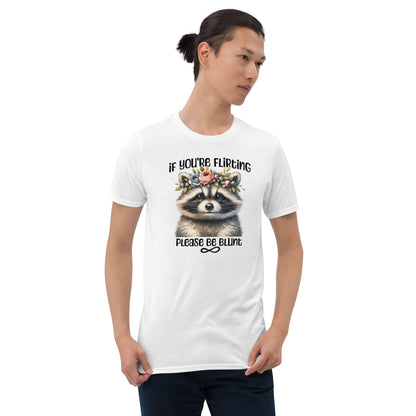 Man wearing a white t-shirt with a raccoon graphic and text on a white background: Subtle Neurodivergent Shirt, Autism Awareness Tee, ADHD AuDHD Warrior T-Shirt, Cute Raccoon Shirt For Neurospicy, Neurodivergent Gift