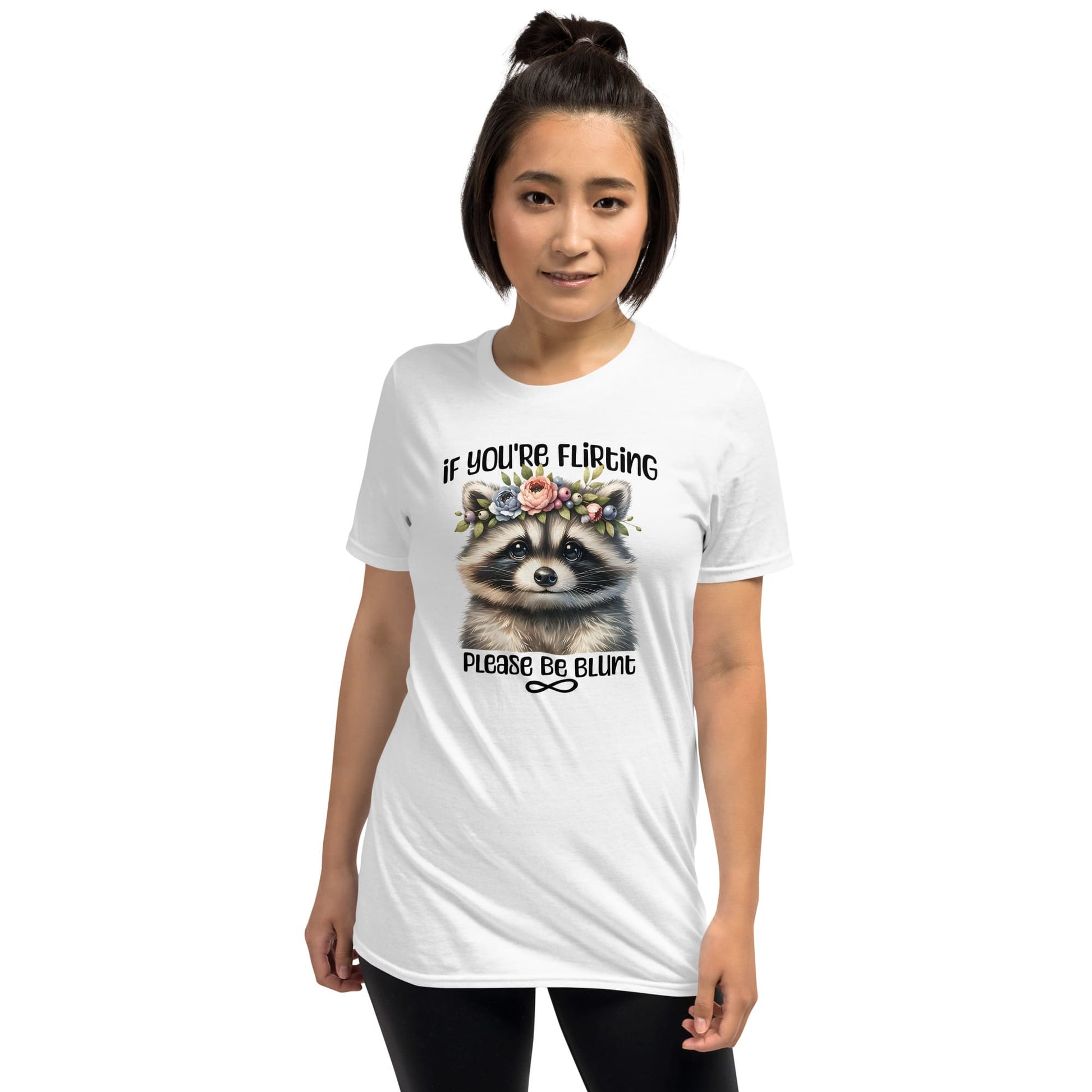 Person wearing a white t-shirt with a raccoon graphic and text on a white background: Subtle Neurodivergent Shirt, Autism Awareness Tee, ADHD AuDHD Warrior T-Shirt, Cute Raccoon Shirt For Neurospicy, Neurodivergent Gift
