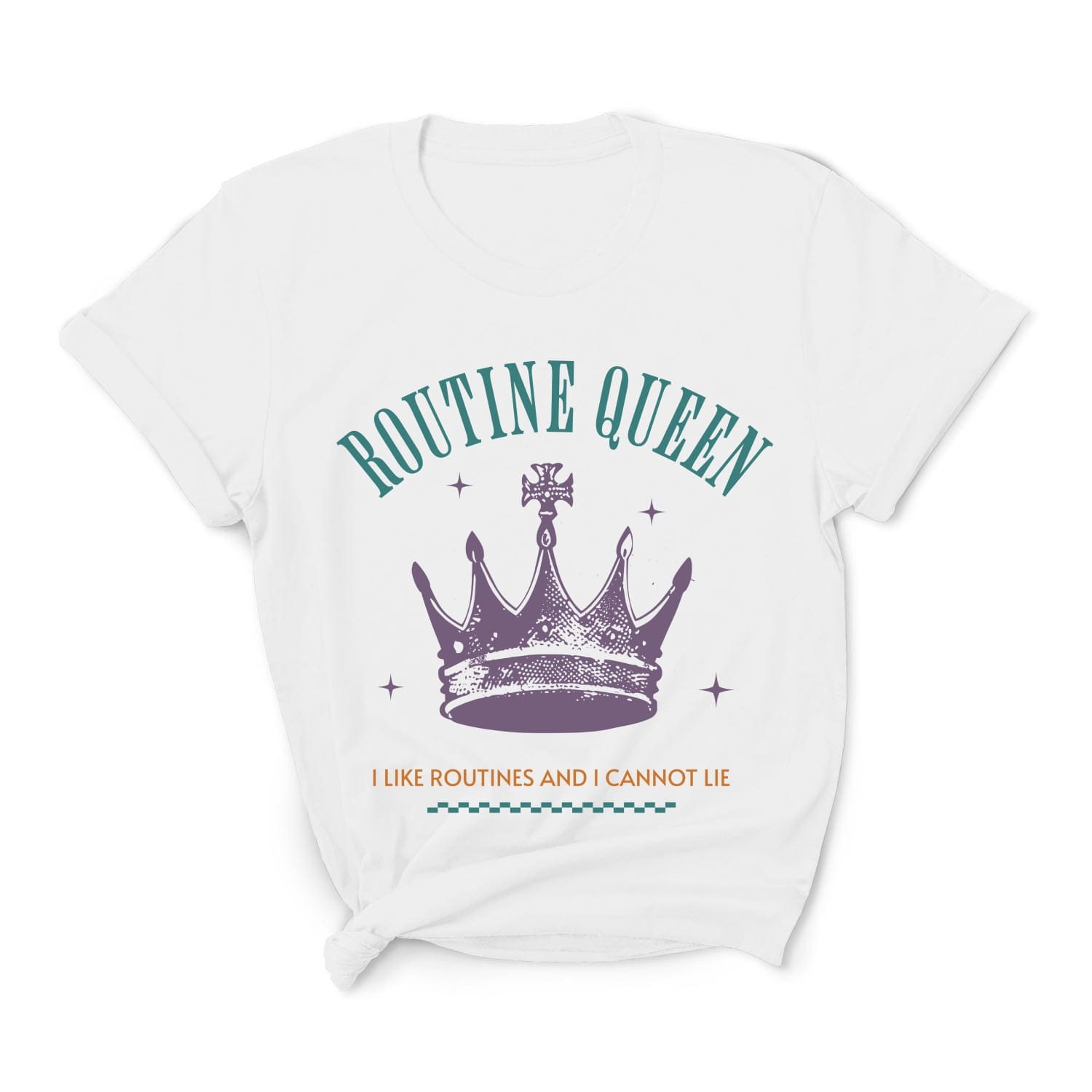 White t-shirt with 'Routine Queen' design featuring a purple crown on a white background: Funny Autistic Queen Shirt, I Like Routines and I Cannot Lie, Fun & Empowering Tee for Neurodivergent, Autism Pun T-Shirt For Neurospicy