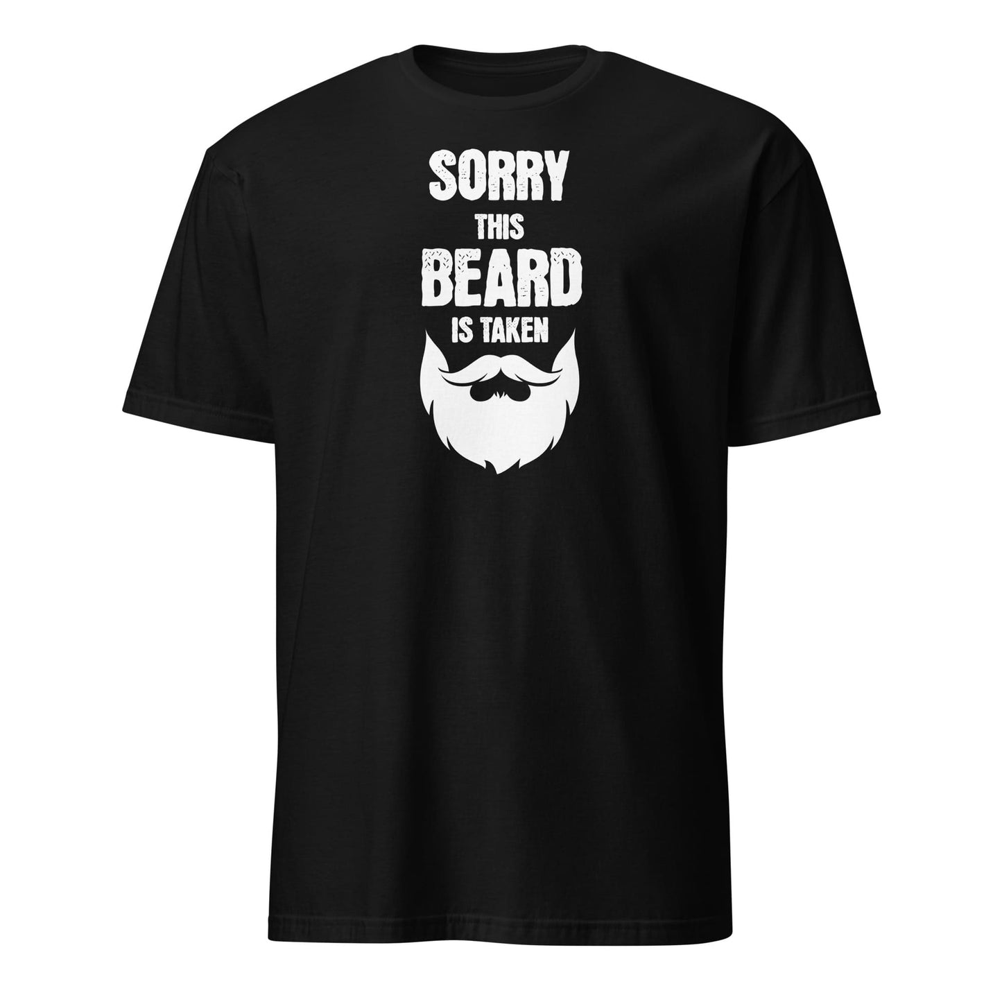 Black t-shirt with white text and beard graphic on a white background