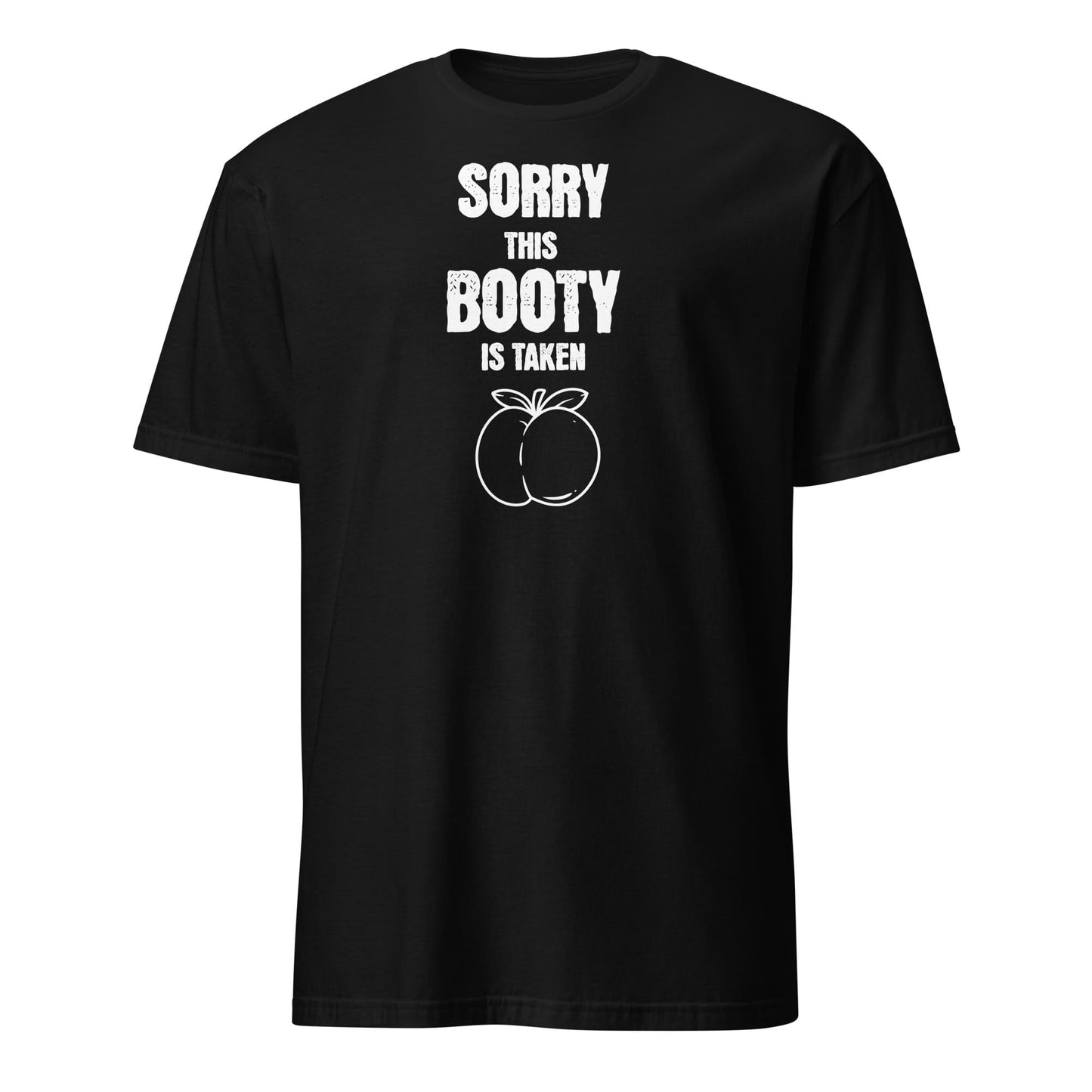 Black t-shirt with cheesy and naughty booty humor on a white background