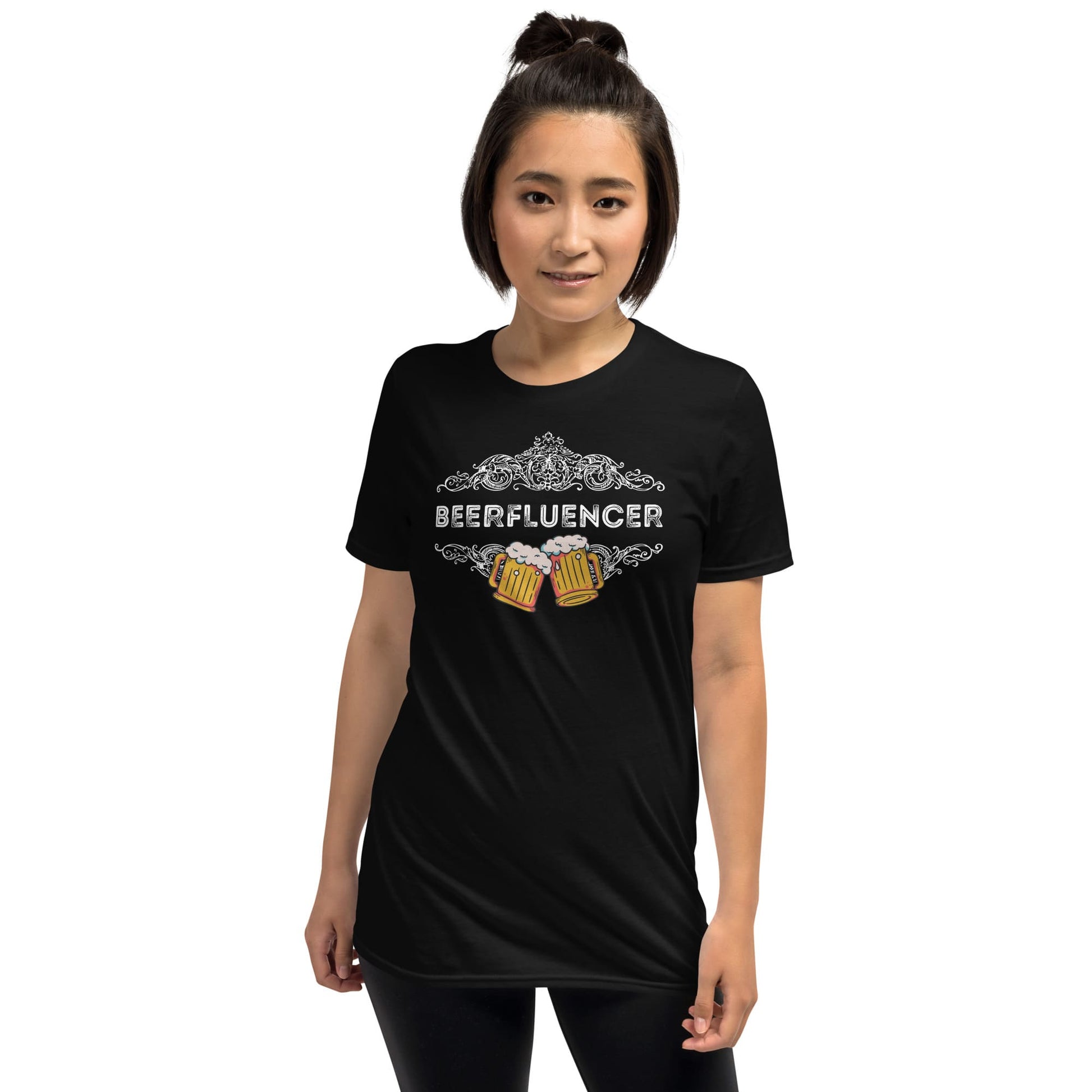 Person wearing a black t-shirt with 'BEERFLUENCER' design on a white background